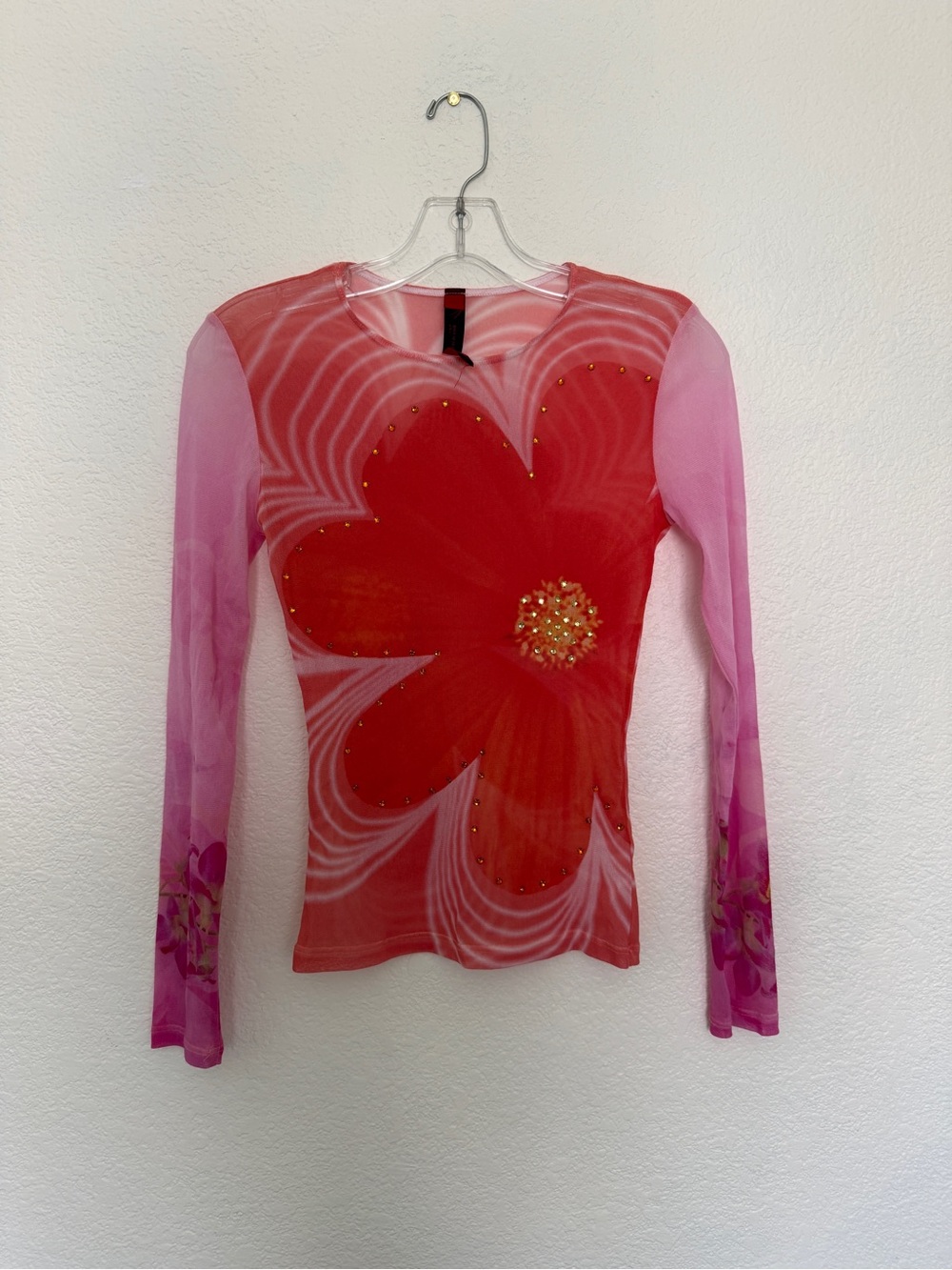 Floral Mesh Long-Sleeve Tee in Pink and Red
